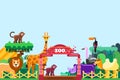 Zoo entrance, vector flat illustration. Cute animals around colorful gates. Weekend in park, leisure outdoor concept