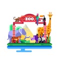 Zoo entrance, vector flat illustration isolated on white background. Colorful wild animals around gates.