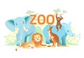 Zoo flat web banner. Group of cartoon animals on white horizontal cover or social media header. Ostrich giraffe tiger Royalty Free Stock Photo