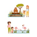 At Zoo with Happy Little Girl and Mother Looking at Monkey and Flamingo Behind Enclosure Vector Illustration Set