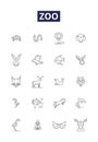 Zoo line vector icons and signs. Wildlife, Exhibits, Safari, Reptiles, Predators, Conservation, Mammals, Cage outline