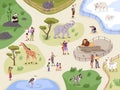 Zoo map. Animals safari park plan. Fenced enclosures with lion, llama and rhinoceros. People look at panda or giraffe Royalty Free Stock Photo