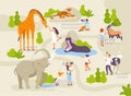 Zoo park with funny animals and people interacting with them vector flat illustrations. Animals in zoo infographic