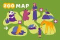 Zoo park map. Layout of animal enclosures. Visitor and employee. Wildlife observation. Raccoon and panda. Kid feeding Royalty Free Stock Photo