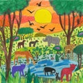 A zoo scene with animals in a kids crayon art style