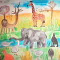 A zoo scene with animals in a kids crayon art style