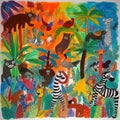 A zoo scene with animals in a kids crayon art style