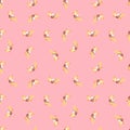 Zoo seamless pattern with random little yellow parrots print. Pink background. Abstract animal backdrop