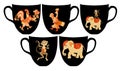 Zoo. Set of teacup with cute cartoon animals and flowers.