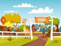 Zoo vector cartoon illustration or petting zoo with animals and visitors family and children