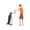 Zoo Worker Feeding Penguin Fish, Professional Zookeeper Character Caring of Animals Vector Illustration