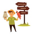 Zoo worker with parrot and owl stands neat direction pointer Royalty Free Stock Photo