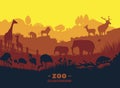 Zoo world illustration background, colored silhouettes elements, flat