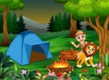 Zookeeper boy and a lion next to the tent and bonfire