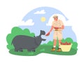 Zookeeper feeding hippo vector illustration