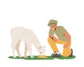 Zoologist Character Study Animal In Natural Habitat. Scientist Naturalist Explore And Investigate Lama Illustration