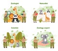 Zoologist concept set. Scientist exploring and studying fauna. Wild animal Royalty Free Stock Photo