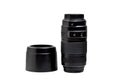 Zoom lens with a lens hood for the camera on a white background Royalty Free Stock Photo