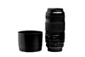 Zoom lens with a lens hood for the camera on a white background Royalty Free Stock Photo