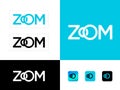 Zoom logo. Letters O like camera lens. Identity, web buttons.