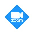 Zoom logo video conference application. Blue camera icon. Zoom app logo. Live media streaming application . Kharkiv, Ukraine -