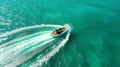 Zoom out amazing aerial view of man driving a personal watercraft in the ocean