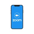 Zoom symbol in smart phone. Zoom Video Communications. Zoom logo. Blue camera icon. Vector illustration EPS 10. Kyiv, Ukraine -