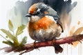 Zoomed in angry bird perched on branch sitting in background with best round cheeks and wet technique scribbled in tiny