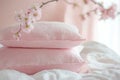 A zoomed-in image of pink pastel-toned bed linens, pillows, and blankets Royalty Free Stock Photo