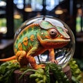 A zoomed-in perspective of a chameleon in a terrarium, its skin changing color to blend in with its surroundings