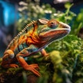 A zoomed-in perspective of a chameleon in a terrarium, its skin changing color to blend in with its surroundings