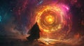 A zoomedin look at a glowing portal swirling with magical colors and transporting wizards to different realms