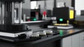 Zoomedin view of a quality inspection station within a microfactory showcasing automated sensors and visual aids that