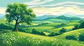 Zooming into Spring: A Colorful Cartoon Landscape of Trees, Moun