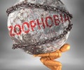 Zoophobia and hardship in life - pictured by word Zoophobia as a heavy weight on shoulders to symbolize Zoophobia as a burden, 3d