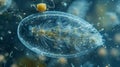 A zooplankton with a transparent body showcasing its and beating cilia. It is surrounded by smaller organisms