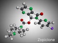 Zopiclone molecule. It is nonbenzodiazepine hypnotic, used to treat difficulty sleeping. Molecular model. 3D rendering Royalty Free Stock Photo
