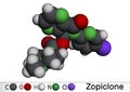 Zopiclone molecule. It is nonbenzodiazepine hypnotic, used to treat difficulty sleeping. Molecular model. 3D rendering Royalty Free Stock Photo