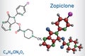 Zopiclone molecule. Structural chemical formula and molecule model. Royalty Free Stock Photo