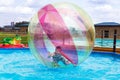 Zorbing. Entertainment on water Royalty Free Stock Photo