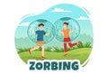 Zorbing Illustration with People Playing Bubble Bump on Green Field or Pool for Web Banner or Landing Page in Hand Drawn Templates