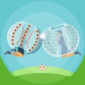 Zorbing illustration. Two man play zorbing soccer