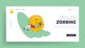 Zorbing Summer Time Fun, Active Recreation and Leisure Landing Page Template. Teen Boy Character Rolling inside of Zorb