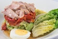 Zorongollo roast pepper salad with lettuce, bonito and bolied egg