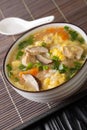 Zosui is a comforting Japanese rice soup cooked in a savory dashi broth with vegetables, eggs, mushrooms, and chicken close-up in
