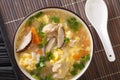 Zosui or ojiya is a mild and thin Japanese winter rice soup with egg, mushrooms, vegetables close-up in a bowl. horizontal top Royalty Free Stock Photo