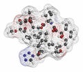 Zotarolimus immunosuppressant molecule. Used in drug-eluting coronary stents. Atoms are represented as spheres with conventional