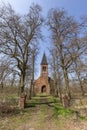 Zrazim, Kujawsko-Pomorskie Poland - April, 20, 2021: Ruined church built of red brick. An old religious site in Central Europe