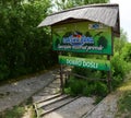 Welcome board at the entrance of  `Carska Bara` Special Nature Reserve. Typical landscape at swamp area of Imperial Pond, large na Royalty Free Stock Photo