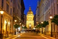 Zrinyi Utca street and St. Stephen`s Basilica at night